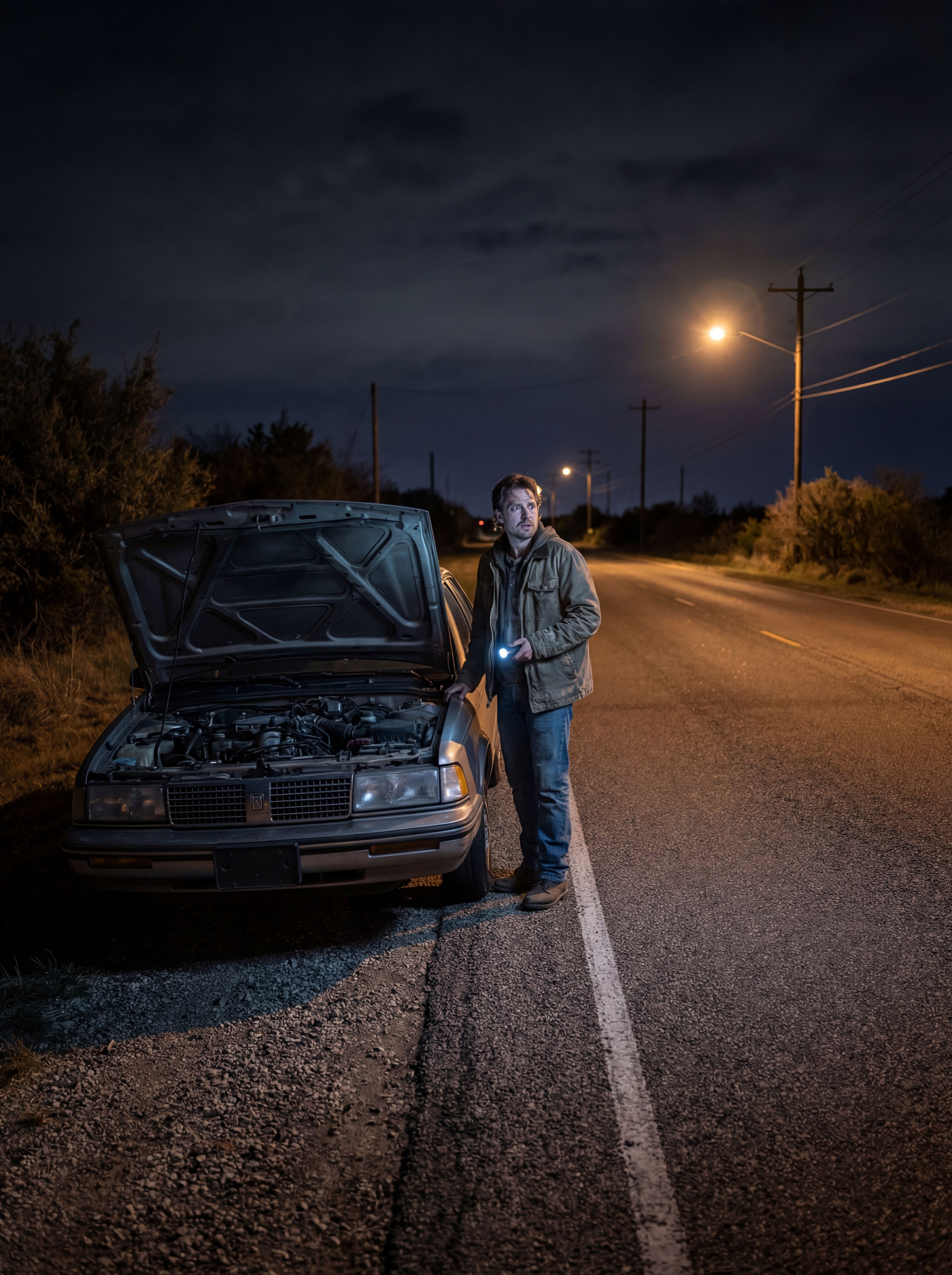 Person stranded at night on dark road